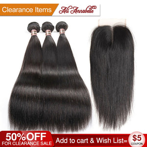 ALI ANNABELLE HAIR Straight Hair Bundles with Closure 100% Virgin Human Hair Bundles with Closure Brazilian Hair Weave Bundles