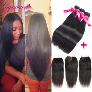 Cynosure Brazilian Straight Hair Weave 3 Bundles with Closure Natural Black Remy Human Hair Bundles with Closure