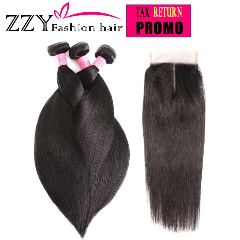 ZZY Fashion Hair Straight Hair Bundles with Closure  Peruvian Hair 3pcs Non Remy Human Hair Bundles With Closure