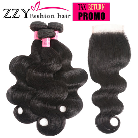 ZZY Fashion Hair Peruvian Body Wave 3 Bundles With Closure  Non Remy Hair Weft Human Hair