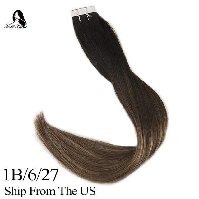 Ship From US Full Shine Tape Hair 20 Pcs 50 Gram Color #1B/6/27 Ash Blonde Remy Hair Dip Dye Extension De Cheveux human hair