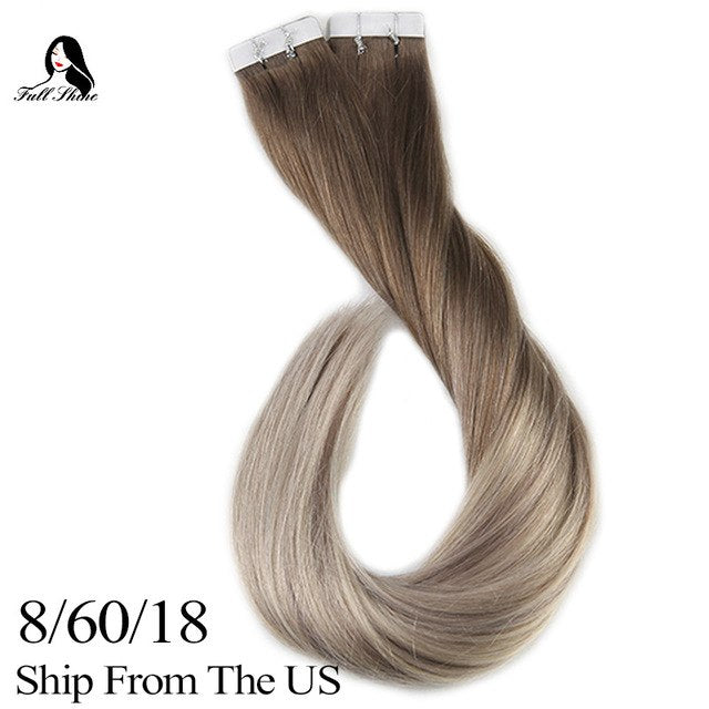 Ship From US Full Shine Human Hair Tape in Extensions Glue on Hair Balayage Color #8/60/18 50g 20 Pieces Remy Hair Extensions