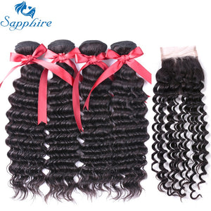 Sapphire Hair Peruvian Deep Wave Natural Black 4 Bundles With Free Part 4*4 Lace Closure 100% Human Hair Weaving with Closure