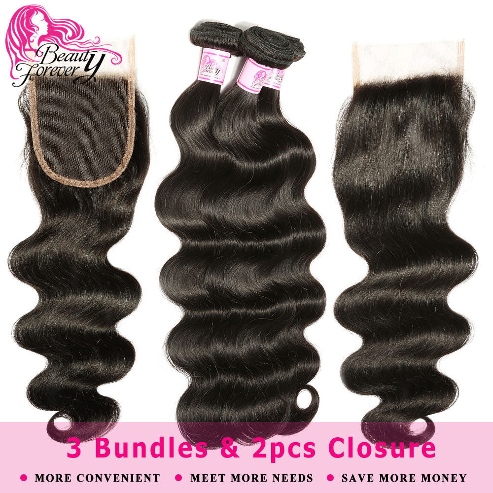 Beauty Forever 3 Bundles Body Wave Hair weaves with 2pcs Closures 4*4 Remy Peruvian Human Hair Bundles with Closure