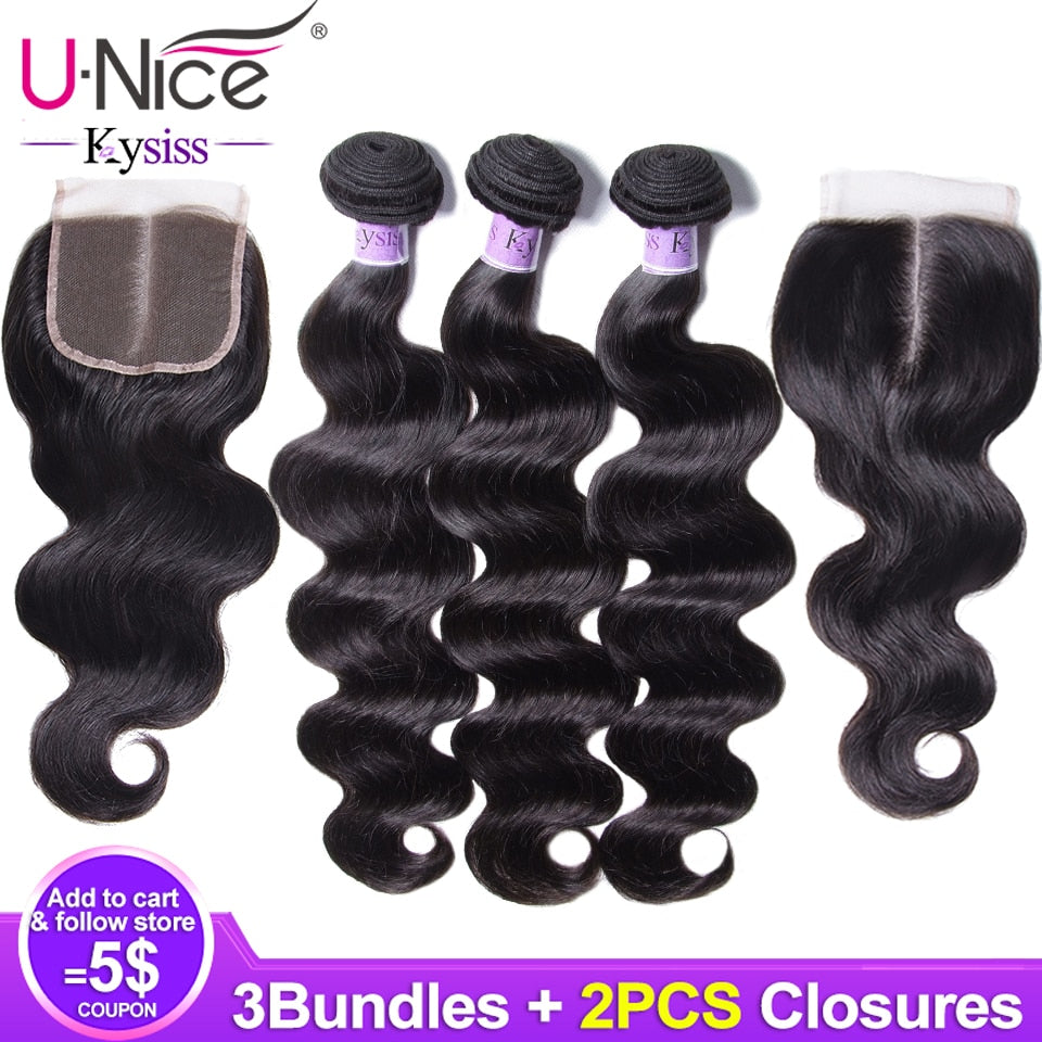 Unice Hair 8A Kysiss Series Body Wave Hair Weave 3 Bundles with 2 Closure Brazilian Virgin Human Hair Weave Bundles with Closure