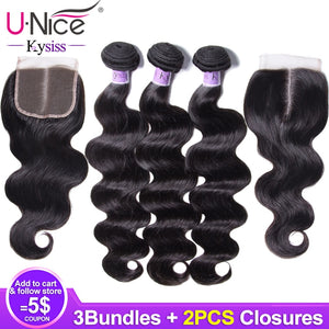 Unice Hair 8A Kysiss Series Body Wave Hair Weave 3 Bundles with 2 Closure Brazilian Virgin Human Hair Weave Bundles with Closure