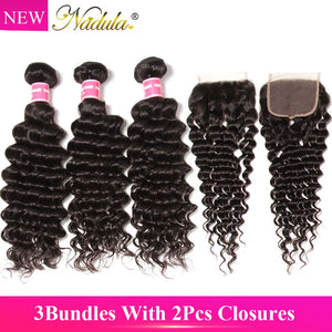 Nadula Hair 3 Bundles With 2Pcs Closures Brazilian Deep Wave Hair With Closure 100% Remy Human Hair Bundles With Lace Closure