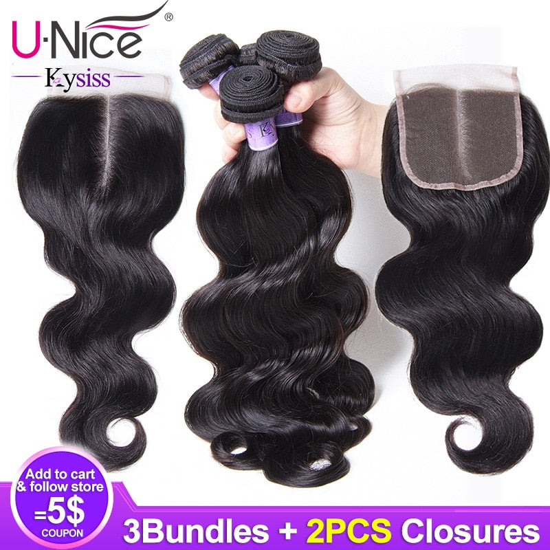 Unice Hair 8A Kysiss Series Malaysian Body Wave 3 Bundles with 2 Closure Weave Bundles with Closure Vrigin Human Hair