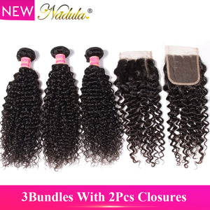 Nadula Hair 3 Bundles With 2Pcs Closures Malaysian Curly Hair With Closure 100% Remy Human Hair Extension With Lace Closure