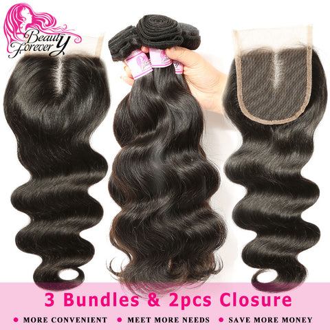 Beauty Forever Body Wave Malaysian hair 3 Bundles with 2pcs Closures 4*4 Remy Human Hair Weave Extensions