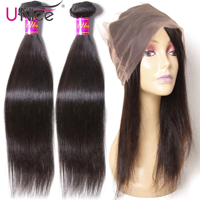 Unice Hair Straight Hair Bundles With 360 Lace Frontal Natural Color Brazilian 2 Bundles Remy Human Hair With 360 Frontal