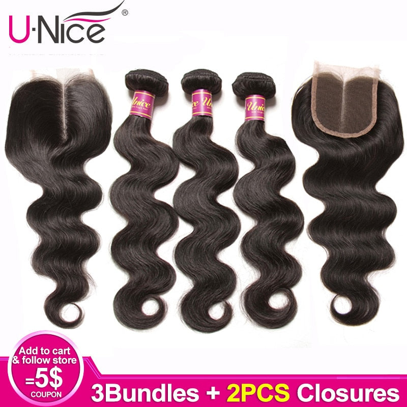 Unice Hair Peruvian Hair Weave Bundles 3 Bundles Body Wave With 2 PCS Closures 8-30 Inch Remy Human Hair Bundles With Closure