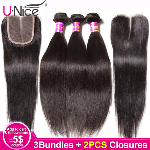 Unice Hair Brazilian Straight Hair 3 Bundles With 2 pcs Closure Human Hair Bundles With Closures 4*4 8-30" Remy Hair Extension