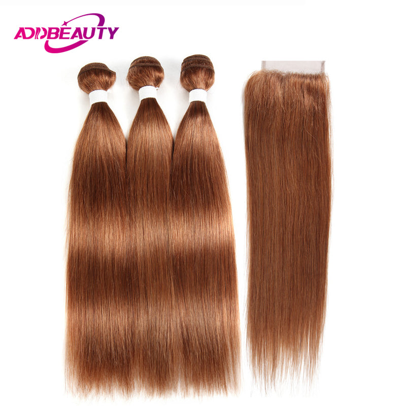 Human Hair Bundles With Closure 30 Color Honey Blonde Light Brown Pre-colored 4x4 Lace Brazilian Straight Remy Free Middle Part