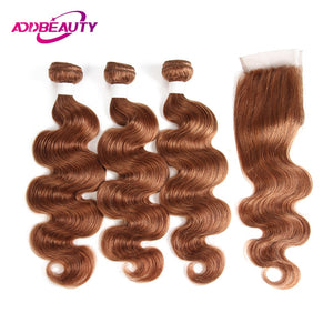 Human Hair Bundle With Closure 30 Color Honey Blonde Light Brown Pre-colored 4x4 Lace Brazilian Body Wave Remy Free Middle Part