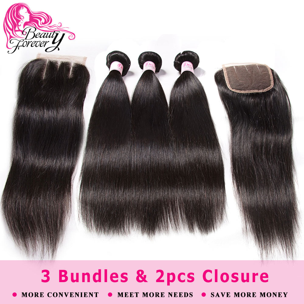 Beauty Forever Straight Malaysian Hair 3 Bundles with 2pcs Closures 4*4 Same Part Remy Human Hair Extension Bundle with Closure