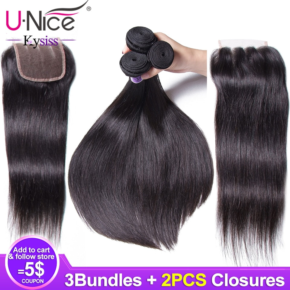 Unice Hair Kysiss Series Peruvian Straight Hair Bundles With Closure 4*4 Swiss Lace 3 Bundles With 2 Closure Vrigin Human Hair