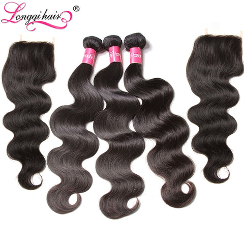 Longqi Peruvian Body Wave 3 Bundles Hair Weft With 2PCS Lace Closure  Remy Hair Bundles With Closure 4*4 Free Middle Three Part