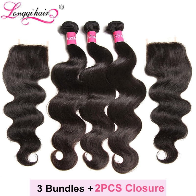 Longqi Natural Remy Human Hair Bundles With 2 PCS Lace Closure Brazilian Body Wave Bundles With Closure Free Middle Three Part