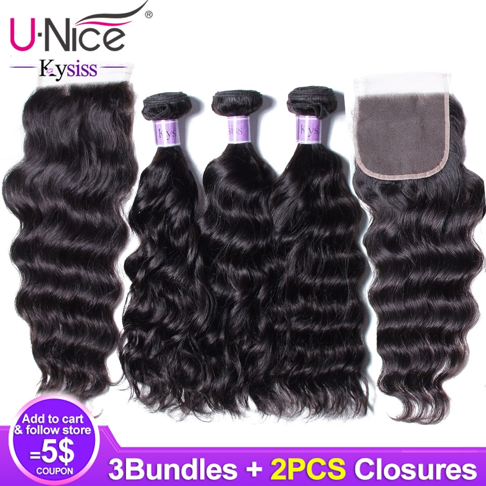 Unice Hair 8A Kysiss Series Natural Wave Malaysian Vrigin Hair Bundles with Closure Weave Human Hair 3 Bundles with 2 Closure