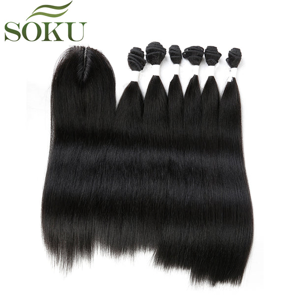 SOKU Synthetic Hair Bundles With Closure 14-18inch Yaki Straight Hair Weaving 6 Bundles With Lace Closure 185g 7pieces/pack