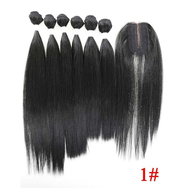 SOKU Synthetic Hair Bundles With Closure 14-18inch Yaki Straight Hair Weaving 6 Bundles With Lace Closure 185g 7pieces/pack