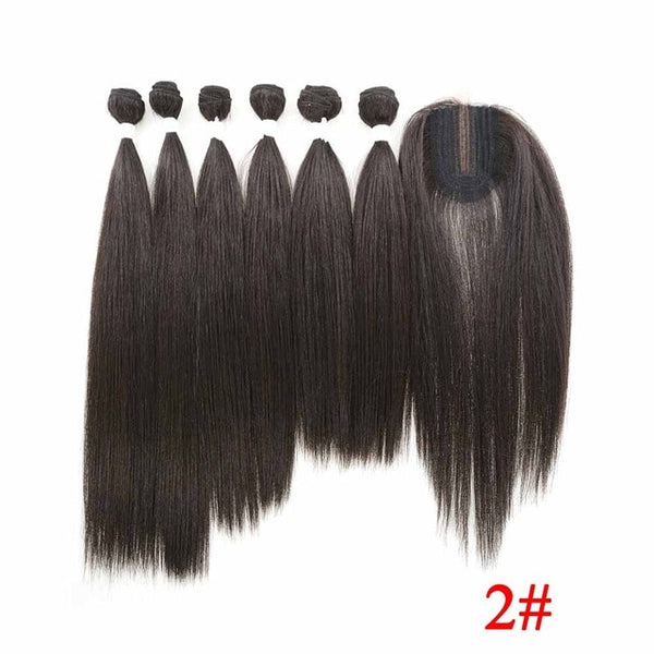 SOKU Synthetic Hair Bundles With Closure 14-18inch Yaki Straight Hair Weaving 6 Bundles With Lace Closure 185g 7pieces/pack