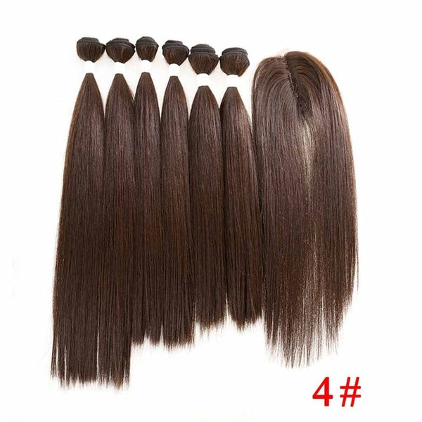 SOKU Synthetic Hair Bundles With Closure 14-18inch Yaki Straight Hair Weaving 6 Bundles With Lace Closure 185g 7pieces/pack