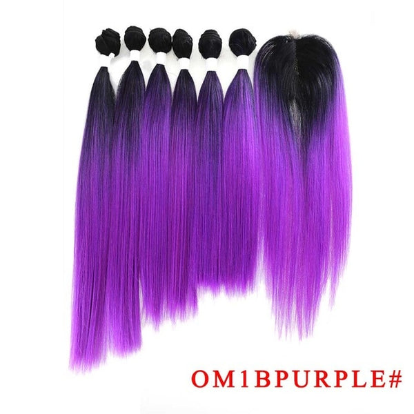 SOKU Synthetic Hair Bundles With Closure 14-18inch Yaki Straight Hair Weaving 6 Bundles With Lace Closure 185g 7pieces/pack