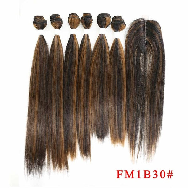 SOKU Synthetic Hair Bundles With Closure 14-18inch Yaki Straight Hair Weaving 6 Bundles With Lace Closure 185g 7pieces/pack