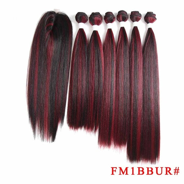 SOKU Synthetic Hair Bundles With Closure 14-18inch Yaki Straight Hair Weaving 6 Bundles With Lace Closure 185g 7pieces/pack