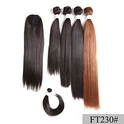 SOKU Synthetic Hair Bundles With Closure Bang 12-18inch Yaki Straight Hair Weaves For Full head Ombre Brown Hair Extension