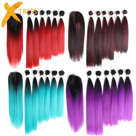 Synthetic Hair Weave 6 Bundles With Lace Closure X-TRESS Ombre Red Purple Color Yaki Straight Hair Weft Extensions 14-18inch