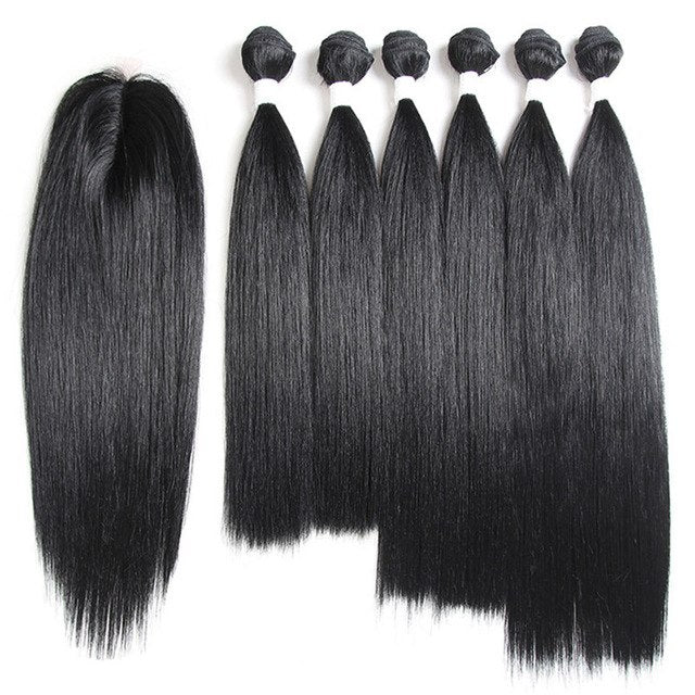 Synthetic Hair Weave 6 Bundles With Lace Closure X-TRESS Ombre Red Purple Color Yaki Straight Hair Weft Extensions 14-18inch