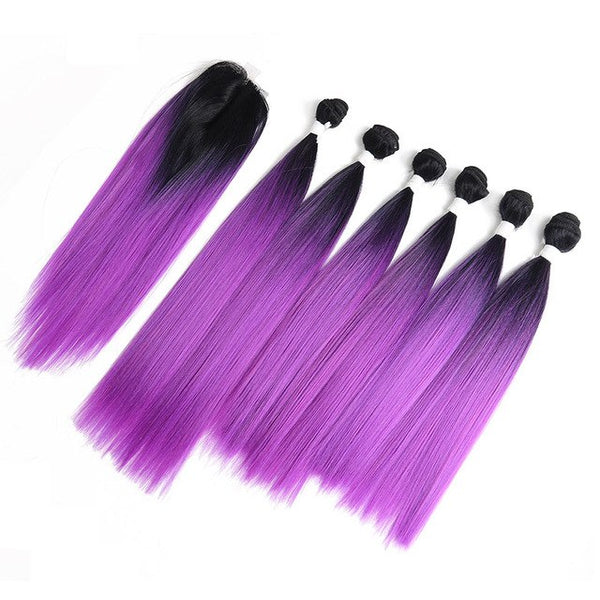 Synthetic Hair Weave 6 Bundles With Lace Closure X-TRESS Ombre Red Purple Color Yaki Straight Hair Weft Extensions 14-18inch