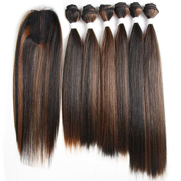 Synthetic Hair Weave 6 Bundles With Lace Closure X-TRESS Ombre Red Purple Color Yaki Straight Hair Weft Extensions 14-18inch