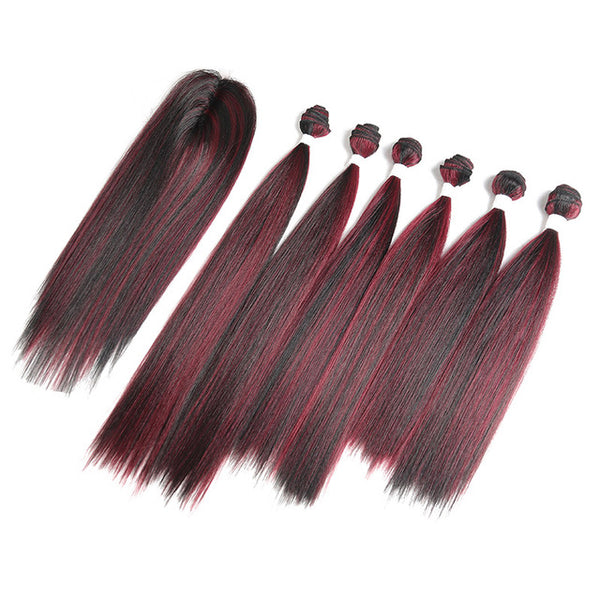 Synthetic Hair Weave 6 Bundles With Lace Closure X-TRESS Ombre Red Purple Color Yaki Straight Hair Weft Extensions 14-18inch